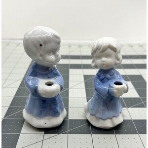 Set of Glazed Ceramic Girl and Boy Blue White Caroler Candle Holders